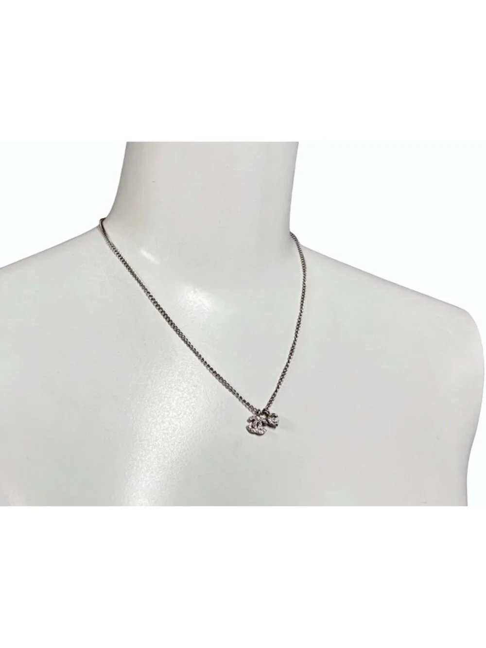 Chanel CC Logo Heart Necklace 04 42 Rhinestone Metal Clear Silver